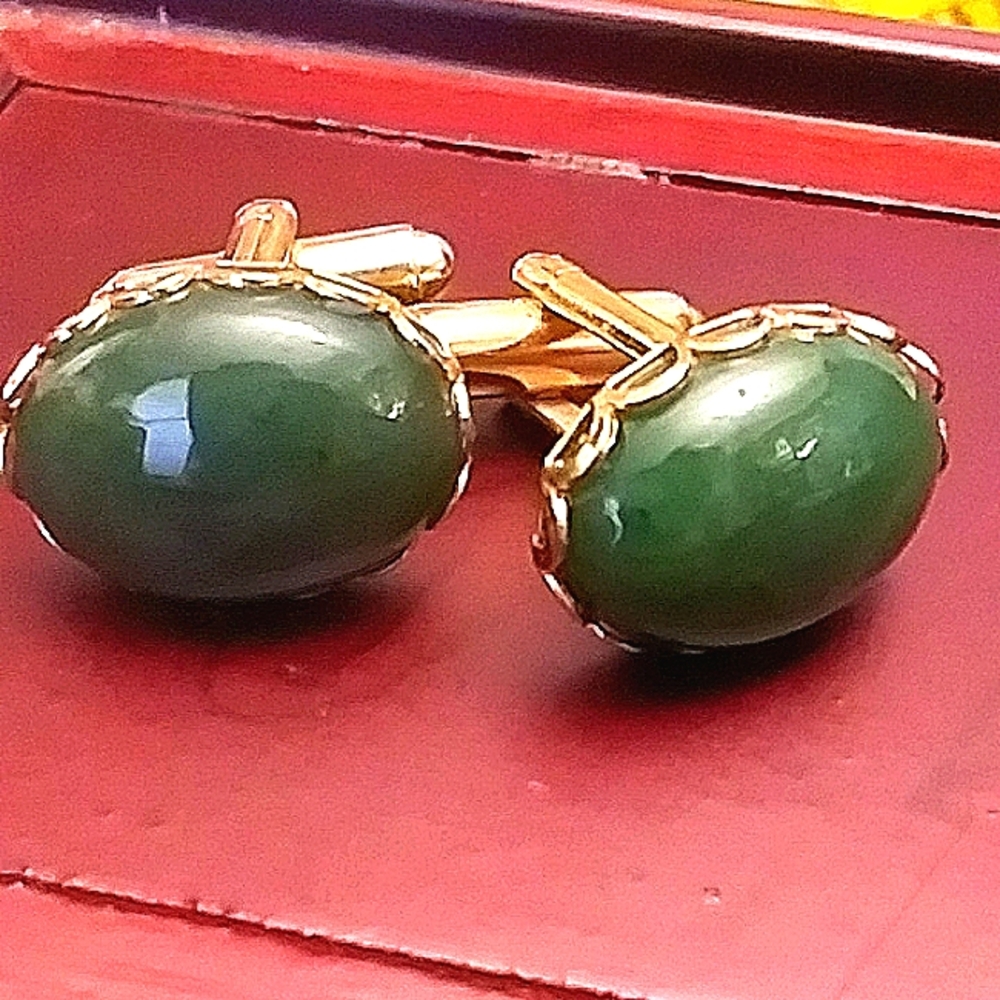 Elegant Green Jade and Gold Cufflinks